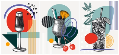 Collage style cocktail vector illustrations. Hand-sketched alcoholic drink drawings set. Trendy design with glassware, geometric and abstract shapes. Mojito, Black velvet, pina colada for print